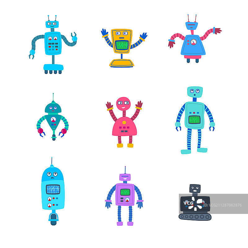 卡通颜色不同的机器人人物图标设置图片素材