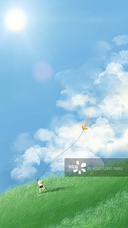 蓝天白云下一个男孩正在草地上放风筝插画图片素材