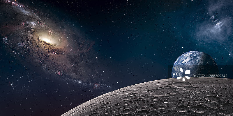 月球地貌和奇幻星云星球图片素材