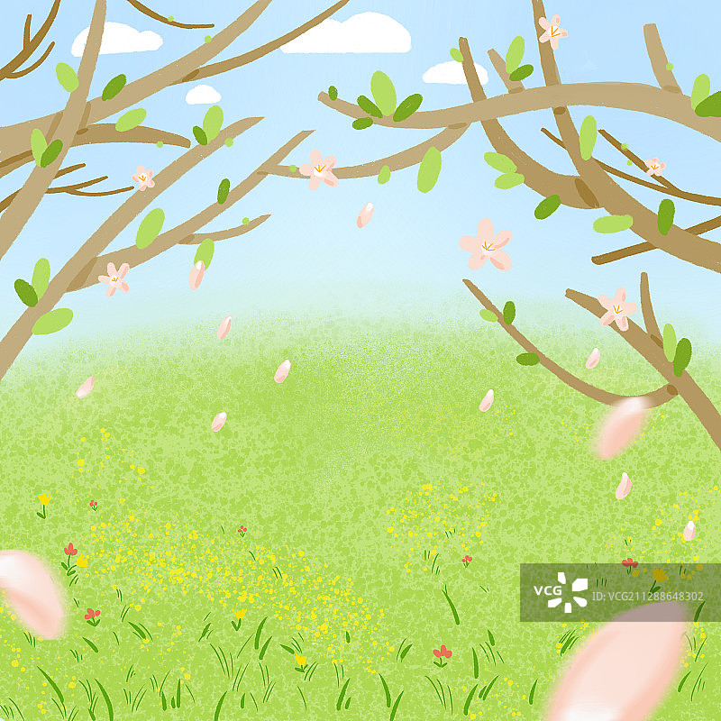 绿色草地蓝天春天桃花盛开春游插画图片素材