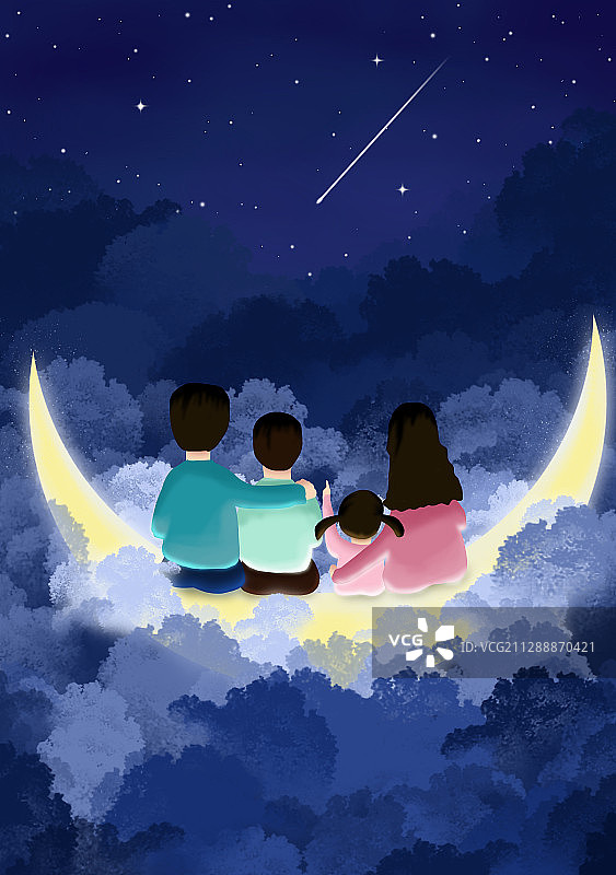 一家四口坐在夜空的月亮上插画图片素材