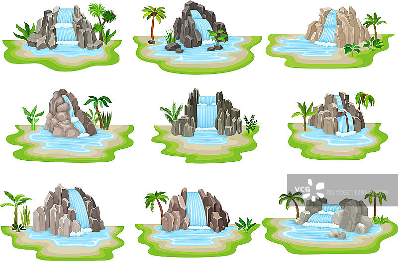 低矮的热带瀑布倚在绿色圆形上图片素材