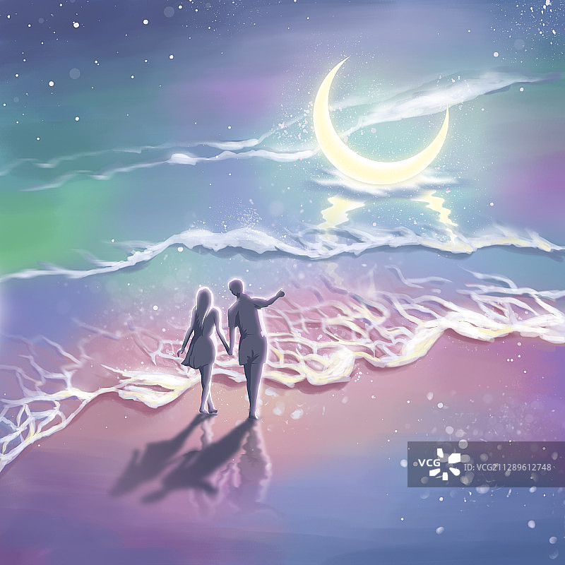海边牵手的情侣剪影与发光的月亮唯美插画图片素材