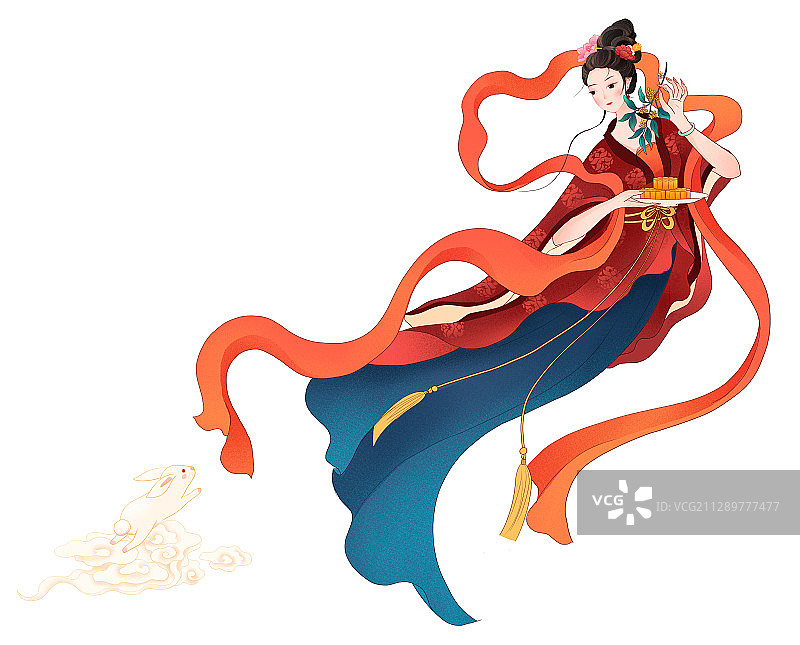中秋节端月饼奔月的古装嫦娥仙女插画图片素材