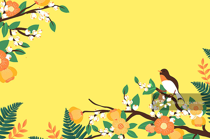 卡通秋季秋景户外公园日出小鸟果园家园树枝叶子自然风景矢量插画图片素材