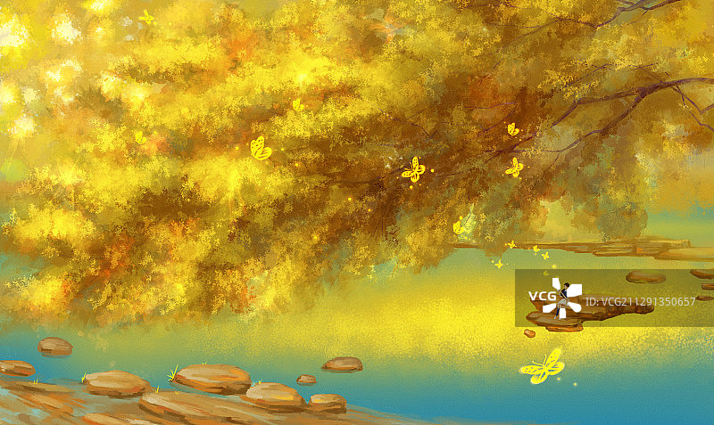 秋天的湖边女孩正在放飞蝴蝶 创意插画图片素材