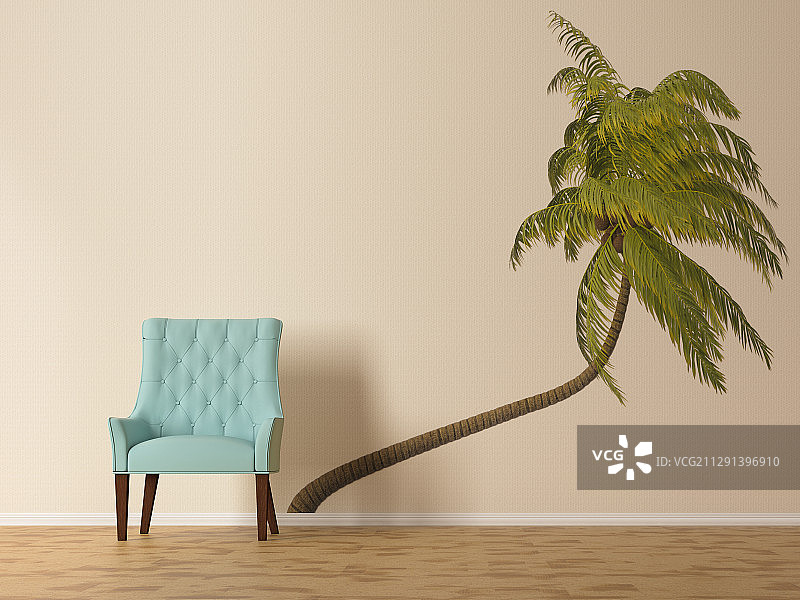 椅子前面的墙纸上有棕榈树图片素材