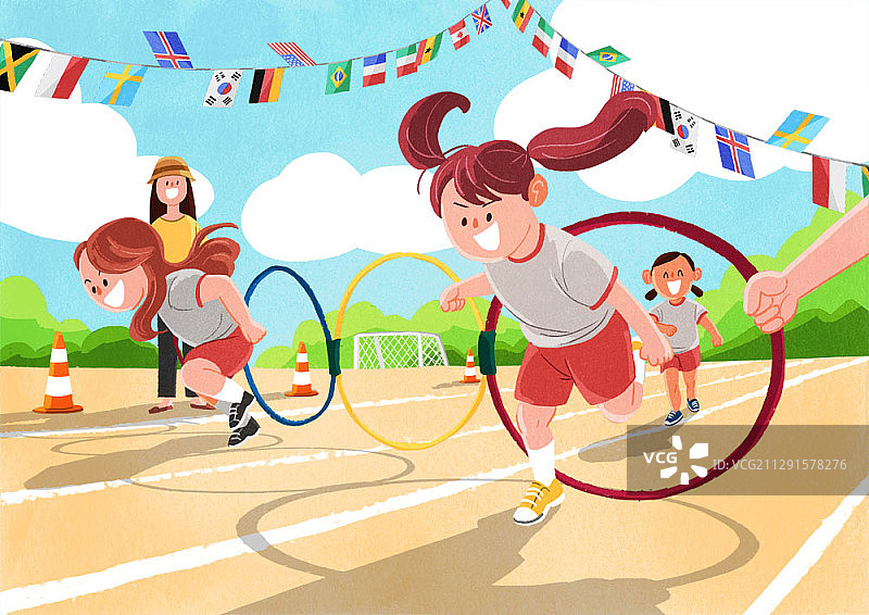 风景插图的孩子通过呼啦圈在跑道上跑图片素材