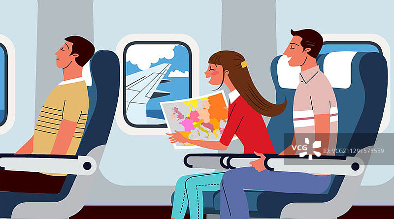 矢量插图的女人和男人在飞机上微笑图片素材