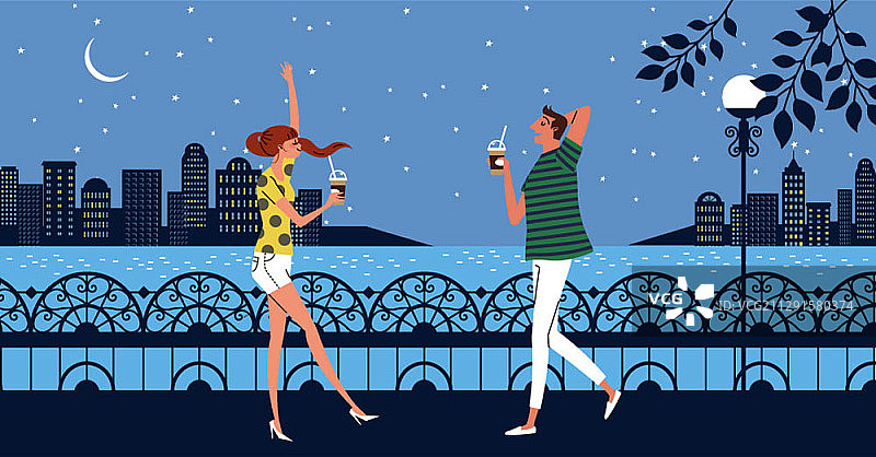 矢量插图的男人和女人看着对方在城市的河边拿着咖啡图片素材