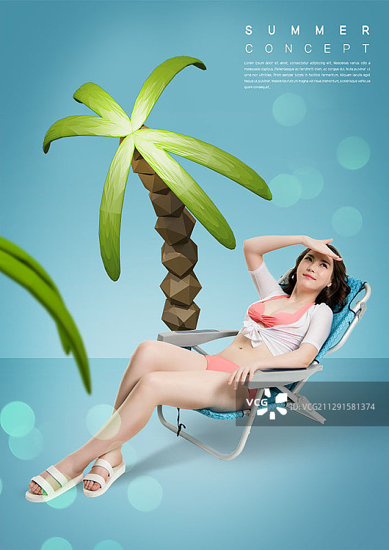 暑假主题合成与女人在比基尼日光浴床和棕榈树图片素材