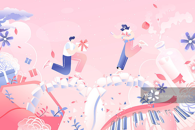 七夕节牛郎织女相会拥抱情人节礼物传统节日风景中国风矢量插画图片素材