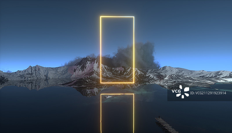 三维渲染雪山湖泊中的霓虹灯管背景图图片素材