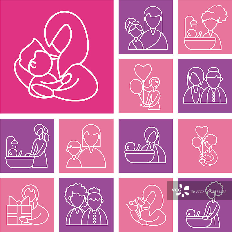 设置卡片与母亲和婴儿线风格图标图片素材