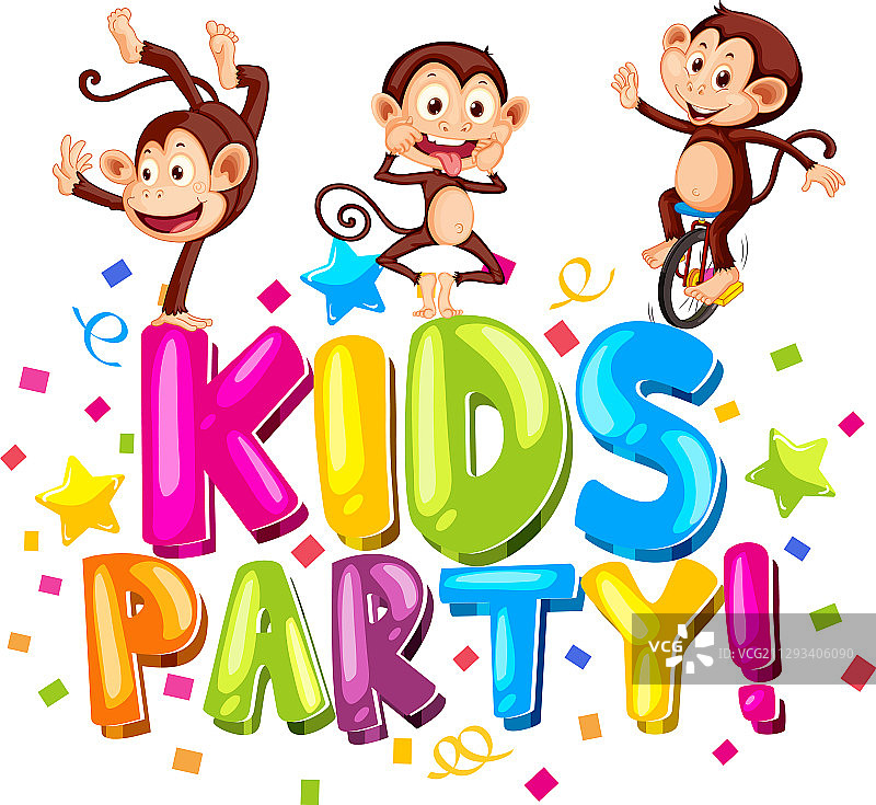 字体设计的单词儿童派对与可爱的猴子图片素材