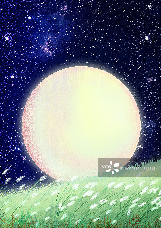 星空下有一轮圆月躺在草坪上插画背景图片素材