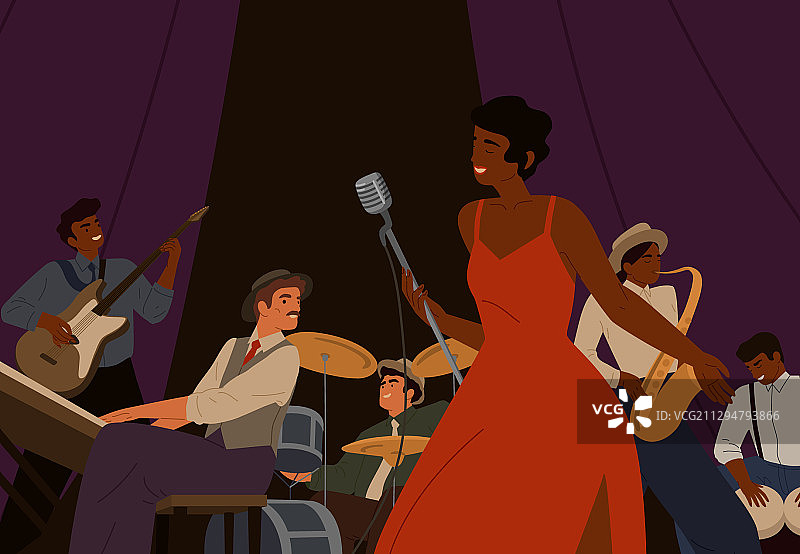 多元化爵士乐队与黑人卡通女性图片素材