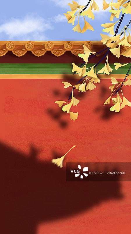 秋天故宫红墙前的黄色银杏树叶图片素材