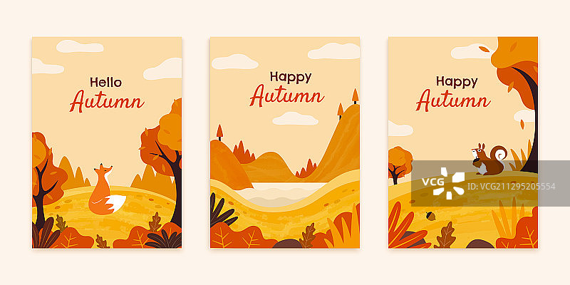 秋天景色与小动物传单组图片素材