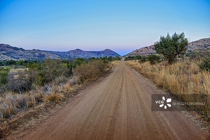 清晨，穿越非洲大草原的一条简易公路图片素材