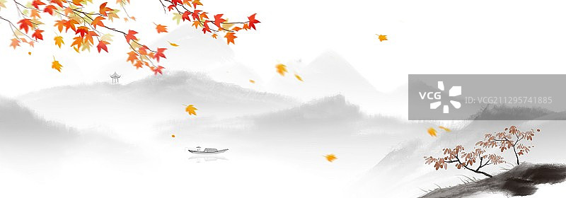 秋季湖面上划船回家的渔夫图片素材