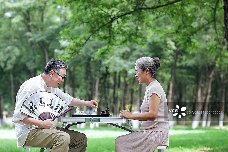 幸福的老年夫妇在公园下棋图片素材