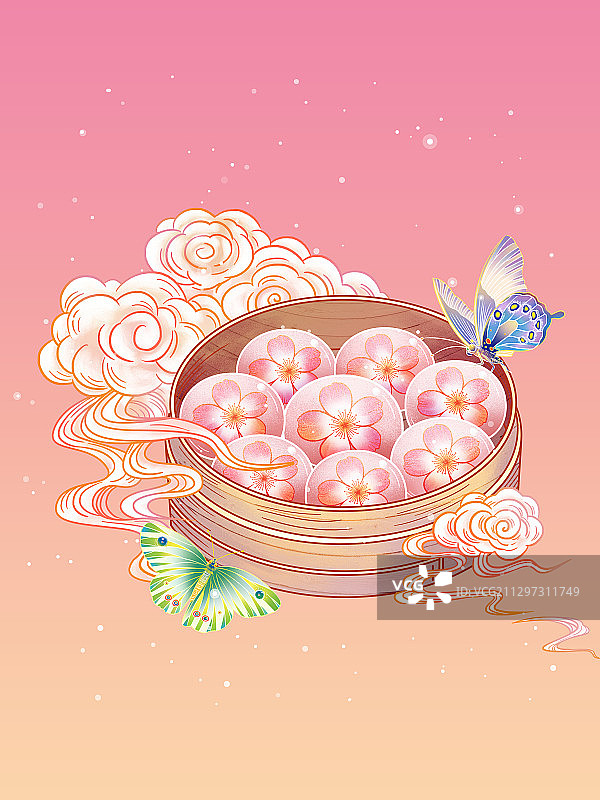 国风樱花水晶月饼蝴蝶插画图片素材