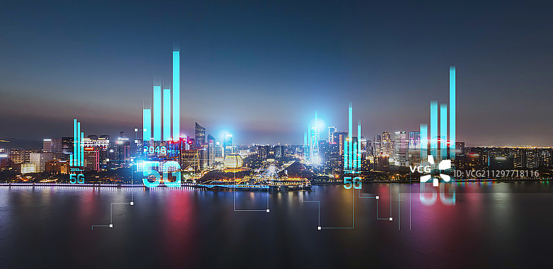 夜景航拍杭州钱塘新城市天际线建筑5G互联网无线科技数据云计算图片素材