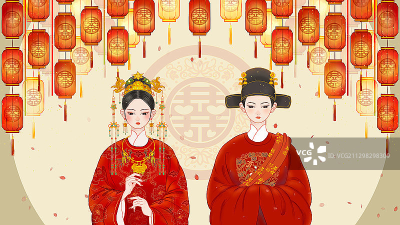 新郎新娘中式婚礼中国风手绘插画图片素材