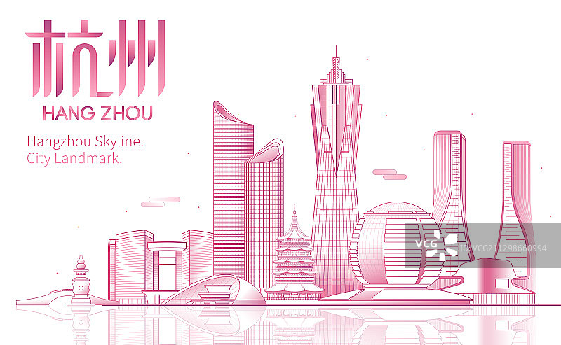 杭州城市天际线矢量地标建筑插画图片素材