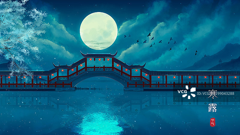 古桥明月中国风唯美水墨插画图片素材