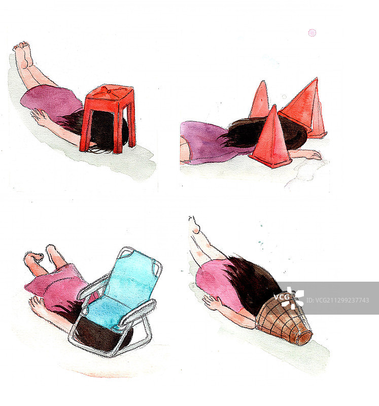 插画：水彩手绘趴着躲在不同物体下的女孩图片素材