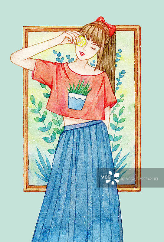 一个站在画框前的文艺少女 水彩手绘插画图片素材