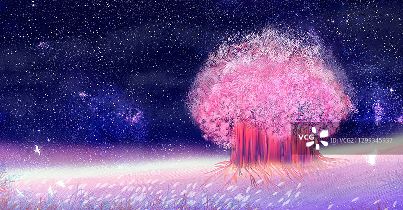 草原山坡上的一棵花树插画背景图片素材