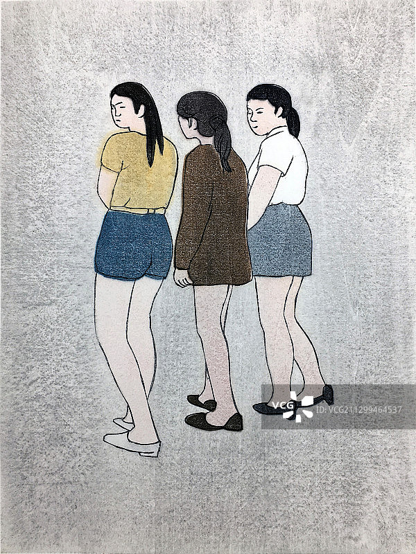 水印木刻版画《三个女生》图片素材