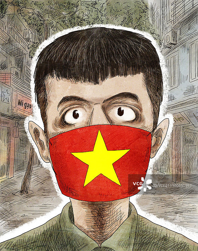 卡通风格插图的男子戴面具与越南国旗图片素材