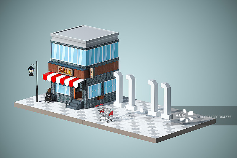 商店店铺模型与双十一标识 3D渲染图片素材