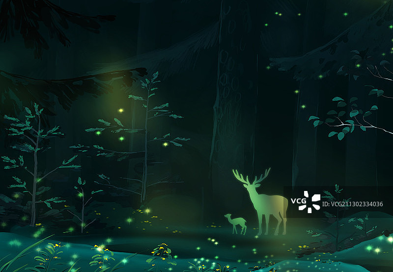 唯美童话插图夜晚森林里的精灵图片素材