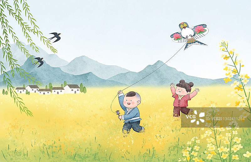 春分小孩放风筝插画图片素材