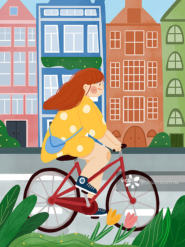 女孩城市骑行插画图片素材