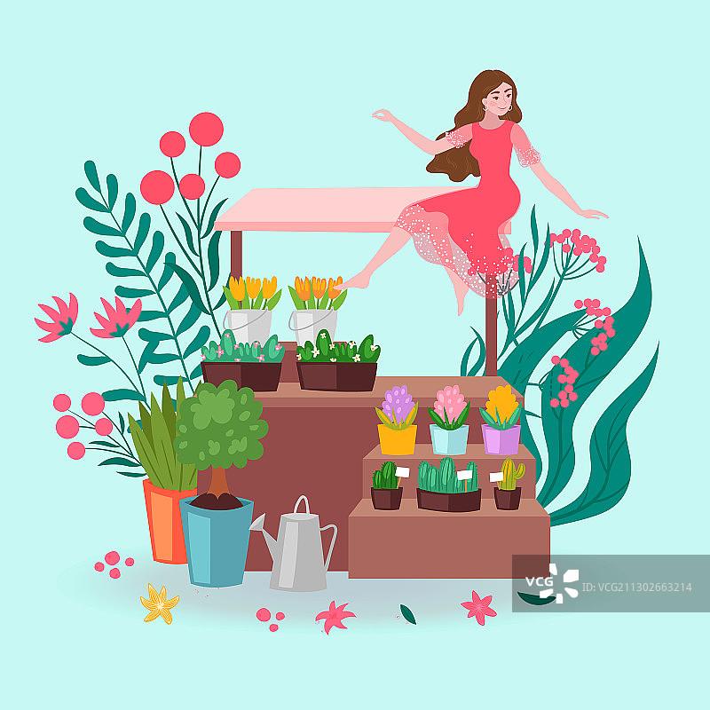 花商女孩与花盆和植物图片素材