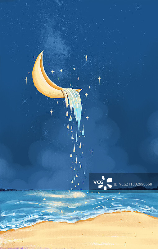 手绘板海边夜晚月光流淌插画图片素材