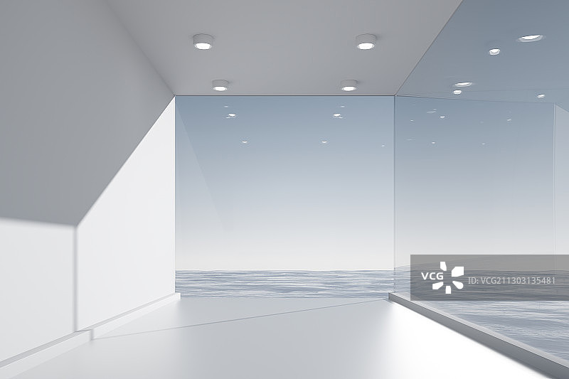 海边带落地玻璃窗的现代化建筑走廊，三维图形图片素材