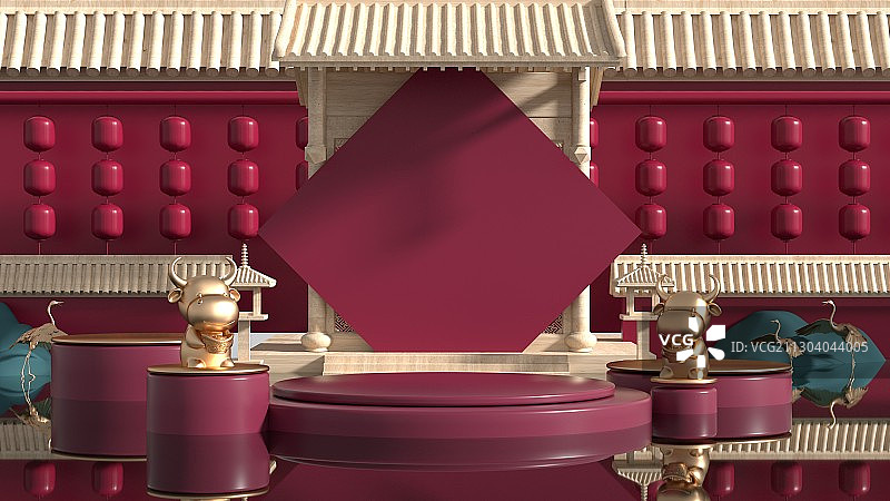 3D渲染中国风牛年主题电商展台图片素材
