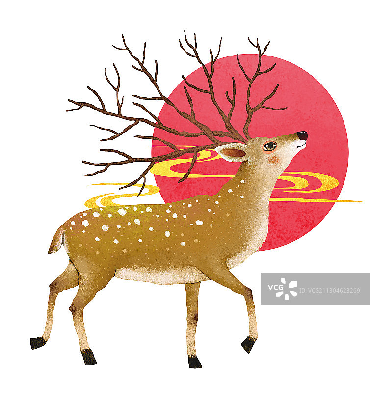 新年元素春节元素插画-福禄双全鹿和蝙蝠图片素材