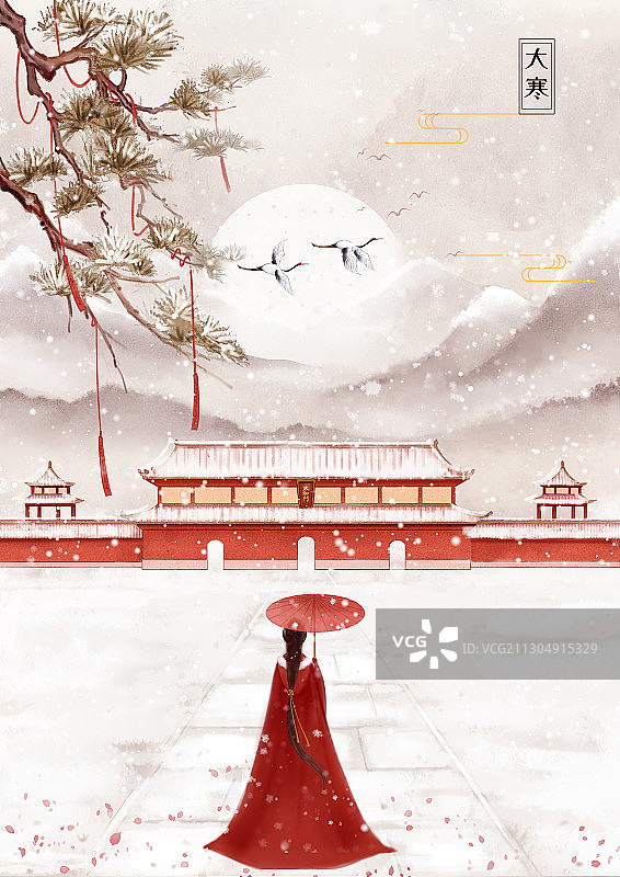 手绘中国风宫墙雪景打伞远眺的红衣女子图片素材