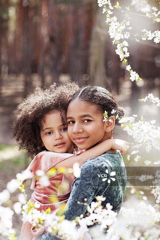 两个年轻的双种族姐妹之间的盛开的树木图片素材