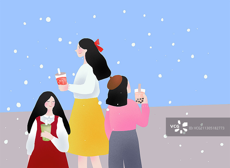 下雪天路上喝奶茶的女生图片素材
