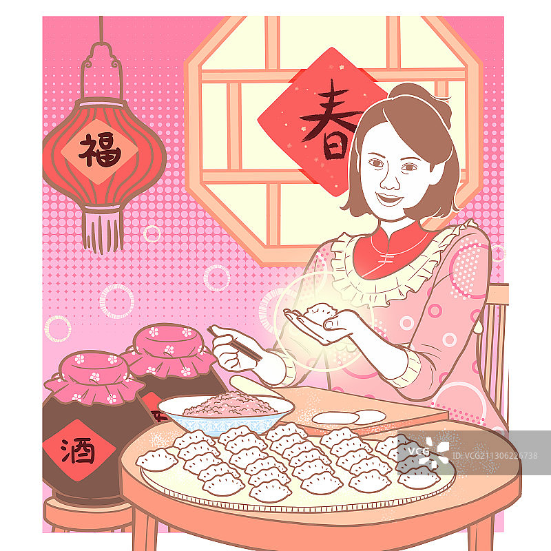 方粉红少女系年俗画-包饺子图片素材