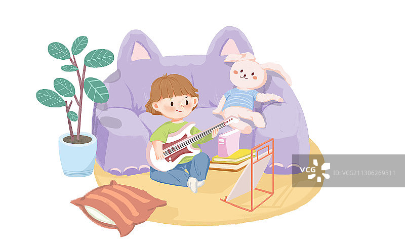 卡通儿童小男孩在家弹琴场景插画图片素材